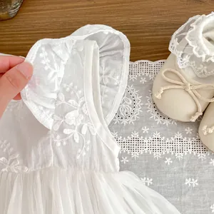 Baby girl white floral tulle dress with matching lace shoes for summer occasions