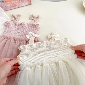Infant girl tulle princess bodysuit with shirred bodice and lace bow shoulder straps