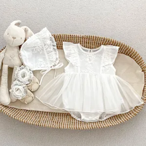 Three-piece baby floral lace mesh bodysuit dress set with matching sun hat and bow shoes