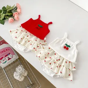 Infant girl summer cherry tank top and tiered skirt set in red and white colors