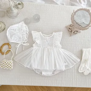 Infant floral lace mesh dress set with matching hat socks and bag in pure white