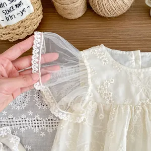 Sweet cream baby girls lace romper with embroidered mesh butterfly sleeves and soft cotton base
