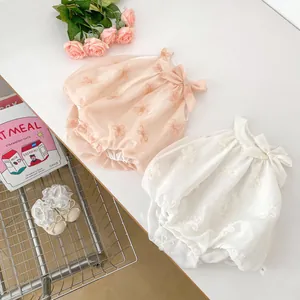 Floral embroidered baby bodysuit set with bow ties and matching shoes for infant girls