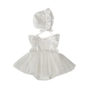 Infant white tulle dress bodysuit with floral embroidery and matching lace bonnet set