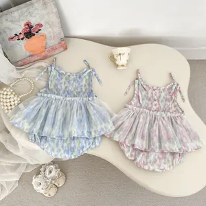 Barboteuses d'été à fleurs pour bébés avec jupes en tulle et chaussures en dentelle