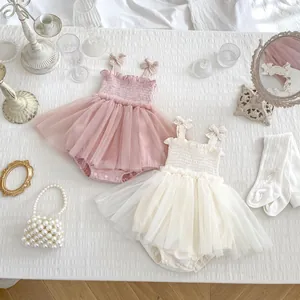 Infant girl princess tulle romper dress with lace bow straps and matching socks