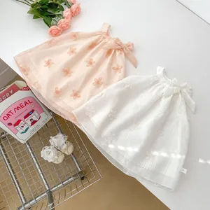 Abito da Principessa per Bambina Senza Maniche in Organza a Rete con Ricamo Floreale e Fiocco per Matrimonio Festa Compleanno