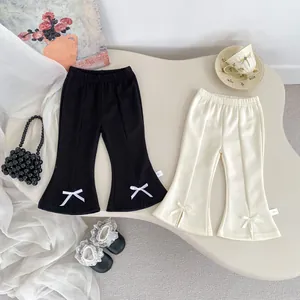 Pantalon Évasé Bébé Fille Mélange Coton Nœud Papillon Ourlet Fendu Taille Élastique Pantalon Décontracté Printemps Automne