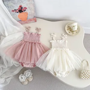 Infant Baby Girl Summer Tutu Romper Dress Cotton Mesh Smocked Sleeveless Bodysuit With Bow Straps For Birthday Party