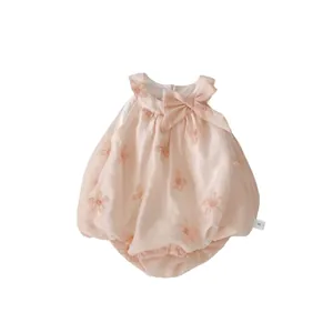 Pink sleeveless baby romper with floral embroidery and bow detail for infants
