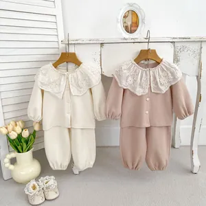 Kleinkind Mädchen 100% Baumwolle Waffel Zweiteiler Set Spitze Blumen Stickerei Kragen Strickjacke Top Und Lange Hose Rosa Aprikose Casual Outfit