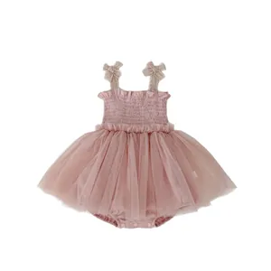 Baby girl pink smocked tulle tutu romper dress with lace bow shoulder straps
