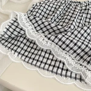 Summer girls plaid sleeveless top and wide leg pants set with white lace hem detail