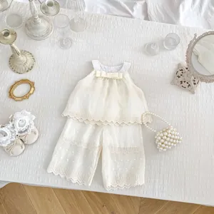 Girls Summer Cotton Set Lace Vest Top And Wide Leg Pants Two Piece Toddler Outfits Cream White Swiss Dot Clothing
