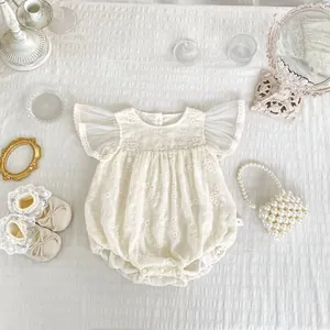 Baby girl off-white floral embroidery romper with lace mesh flutter sleeves and snaps