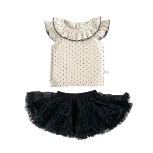 Baby Mädchen Sommerset mit Polka-Dot Rüschen-Top und schwarzem Tüll-Tutu-Rock