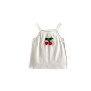 Toddler girl ribbed white tank top with 3D cherry applique and elastic cotton fabric