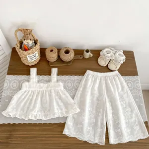 Ensemble d'été 2 pièces blanc pour filles avec broderie florale et pantalon large