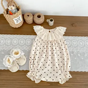 Barboteuse Été Sans Manches Bébé Fille 100% Coton Mousseline Imprimé Cœur Col Dentelle Combinaison Princesse Nouveau-Né Tenue
