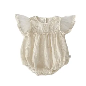 Baby girl off-white lace romper with floral embroidery and flutter mesh sleeves