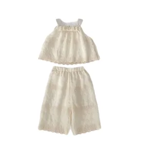 Girls summer cream sleeveless top and wide-leg pants set with lace and bow details