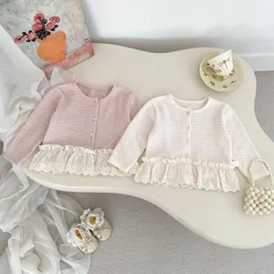 Set Cardigan in Maglia Con Giuntura in Pizzo E Pantaloni a Zampa per Neonata Completo Autunnale a Maniche Lunghe