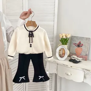 Toddler Girls Knit Cardigan And Flared Pants Outfit Cotton Round Neck Bow Long Sleeve Contrast Color Knitted Clothing Autumn