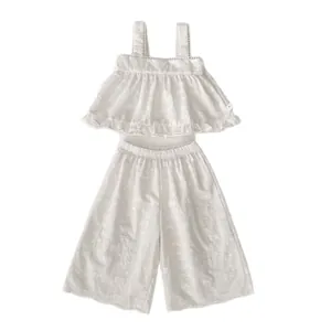 Ensemble blanc pour filles avec caraco brodé à volants et pantalon large décontracté