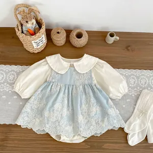 Baby Mädchen Blumenstickerei Strampler Kleid Set Peter Pan Kragen Bodysuit Säugling Frühling Prinzessin Outfit Kleinkind Bankett Kleidung