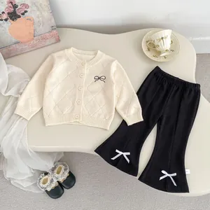 Baby Mädchen Strickjacke Und Schlaghose Set Schleife Rautenmuster Langarm Strickwaren Pullover Outfit Für Kleinkinder
