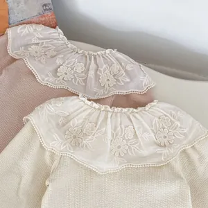Mädchen Baumwoll-Set mit großem Blumen-Stickkragen und Waffelstruktur-Oberteil