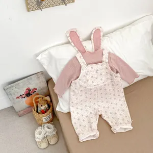 Süßer Blumiger Baby Mädchen Strampler Overall Outfit Mit Hasenohren Baumwolle Langarm Top Und Trägerhose Für Neugeborene