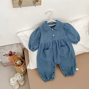 Baby Cotton Denim Romper Long Sleeve Peter Pan Collar Jumpsuit For Infant Toddler Boys Girls Casual One Piece Outfits