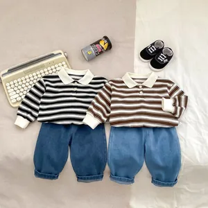 Boys Striped Long Sleeve Polo Shirt And Denim Pants Casual Loose Autumn Kids Clothes Toddler Cotton Blend Top And Pants