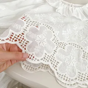 White girls cotton blouse with floral embroidery and hollow lace detailing