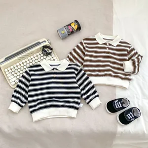 Boys' striped long sleeve polo shirts in black and brown with casual lapel collars