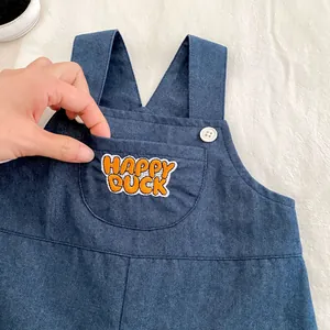 Toddler boys long sleeve plaid shirt and navy denim overalls set with Happy Duck embroidery