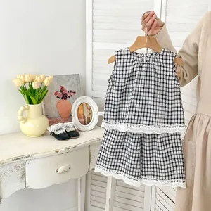 Toddler Baby Girl Plaid Sleeveless Top And Wide Leg Pants Set Cotton Gingham Outfit With Lace Trim Summer Clothes