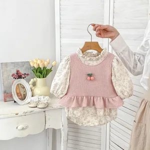 Baby Girl Floral Bodysuit And Pink Vest With Cherry Decoration Ruffle Long Sleeve Cotton Romper Toddler Clothes