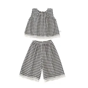 Toddler girls' black and white gingham two-piece set with sleeveless top and lace trim