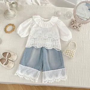 Girls Fashion Two Piece Set Floral Embroidery Ruffle Shirt And Lace Denim Wide Leg Pants Sweet Toddler Kids Clothing Suit