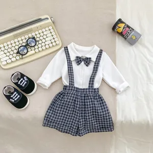 British style boys autumn outfit with white shirt, plaid suspender pants and bowtie