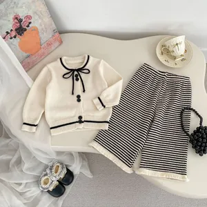 Girls contrast knit cardigan with bow tie and striped wide-leg pants two-piece outfit