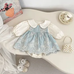 Baby Mädchen Blumen Stickerei Strampler Kleid Set mit Peter Pan Kragen und Perlen Tasche