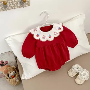 Pagliaccetto a Manica Lunga per Neonata in Cotone con Colletto Ricamato a Fragola e Coniglio Tuta Intera per Autunno