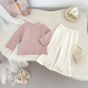 Baby Mädchen Langarm Strick Jacquard Top Und Schlaghose Outfit Baumwollmischung Rüschen Salatkante Schleife Lässige Kleidung