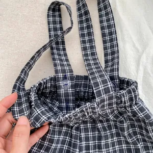British style infant boy plaid overalls set with elastic waist and buttoned straps