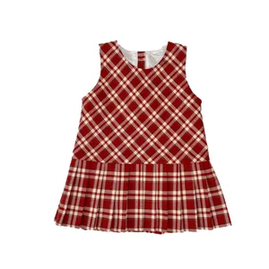 Abito scamiciato a quadri rossi per bambina con gonna a pieghe in stile preppy cotone