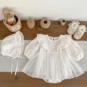 Baby Girl White Long Sleeve Embroidery Floral Tulle Romper Dress With Matching Hat For Birthday Party Baptism