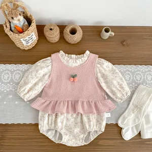 Baby floral romper set with pink cherry ruffle vest, cute autumn outfit for infant girls